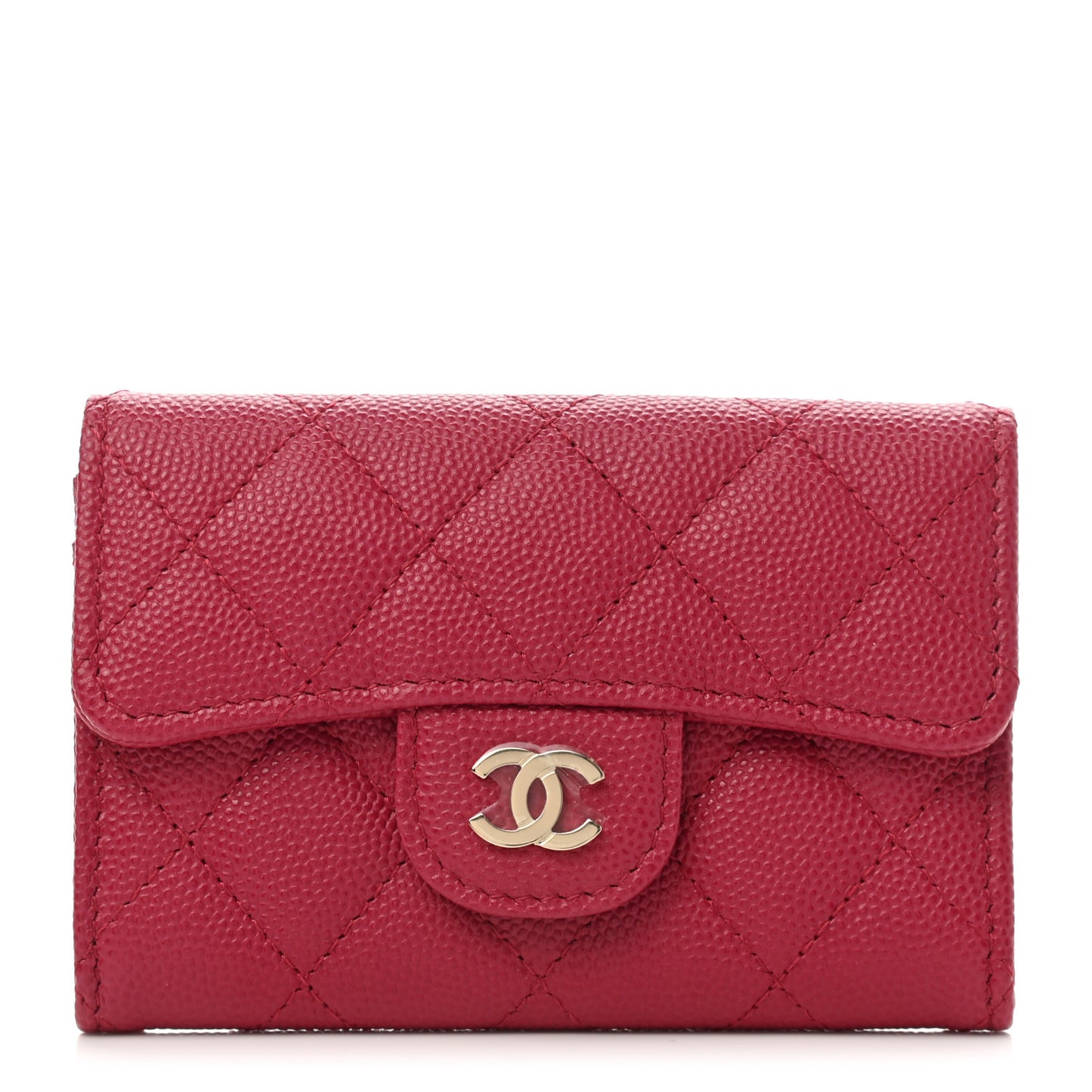 Caviar Quilted Flap Card Holder Wallet Dark Pink