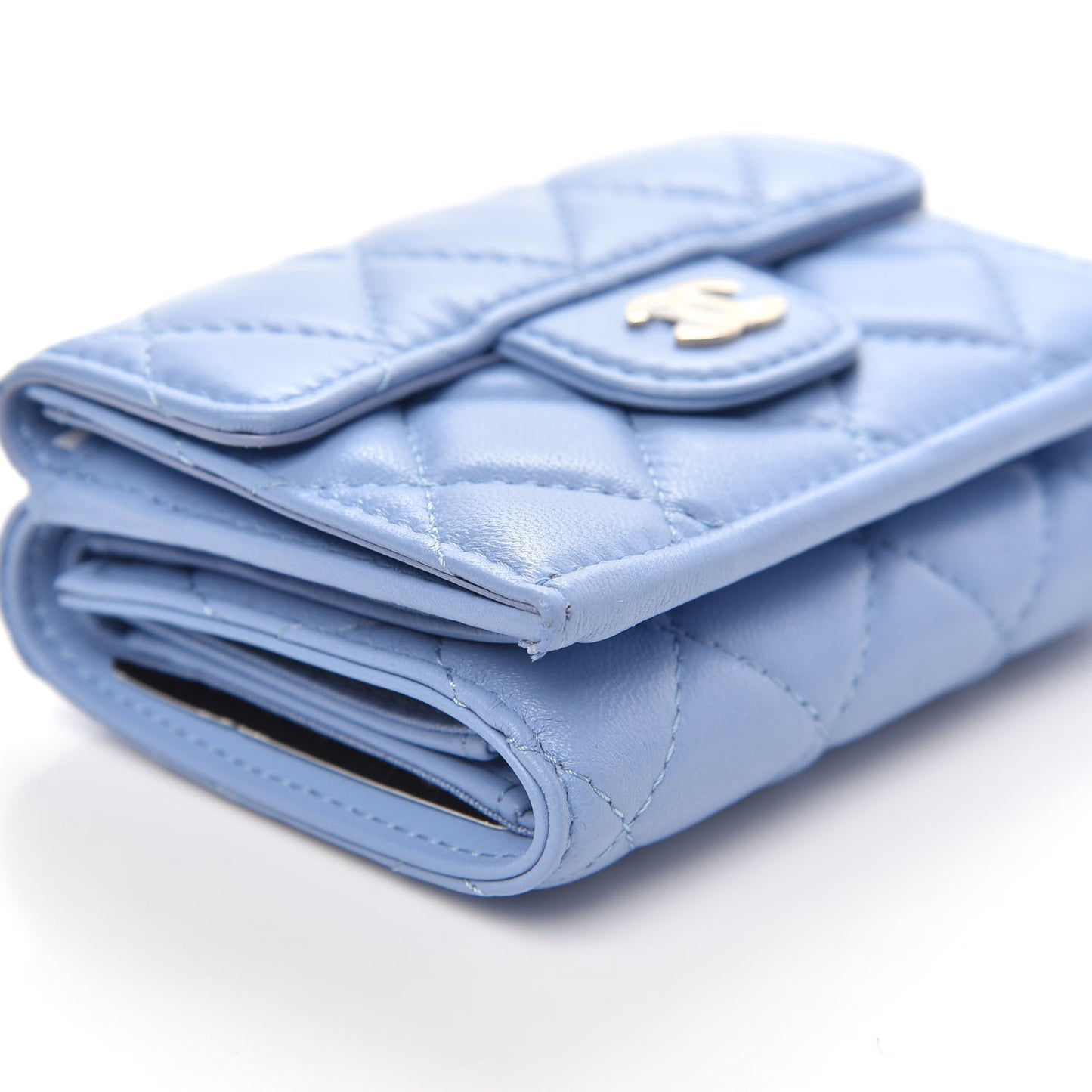 Lambskin Quilted Double Flap Wallet Light Blue