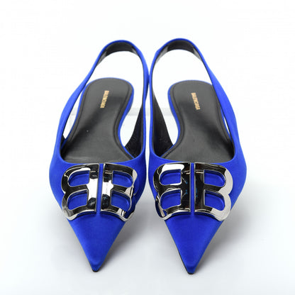 Balenciaga Satin BB Knife Pointy Toe Slingback Flats 36 Bleu 5 of 11