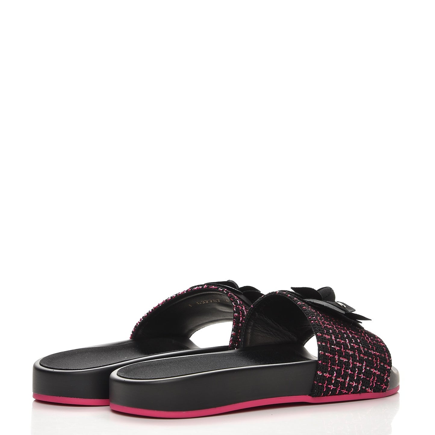 Tweed Grosgrain Camellia CC Flat Mules 39 Black Pink