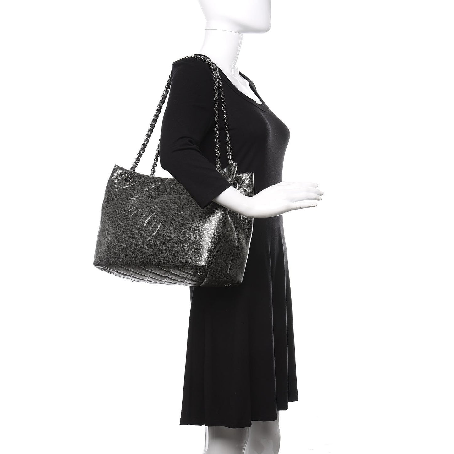 Metallic Caviar Quilted CC Timeless Tote Dark Silver