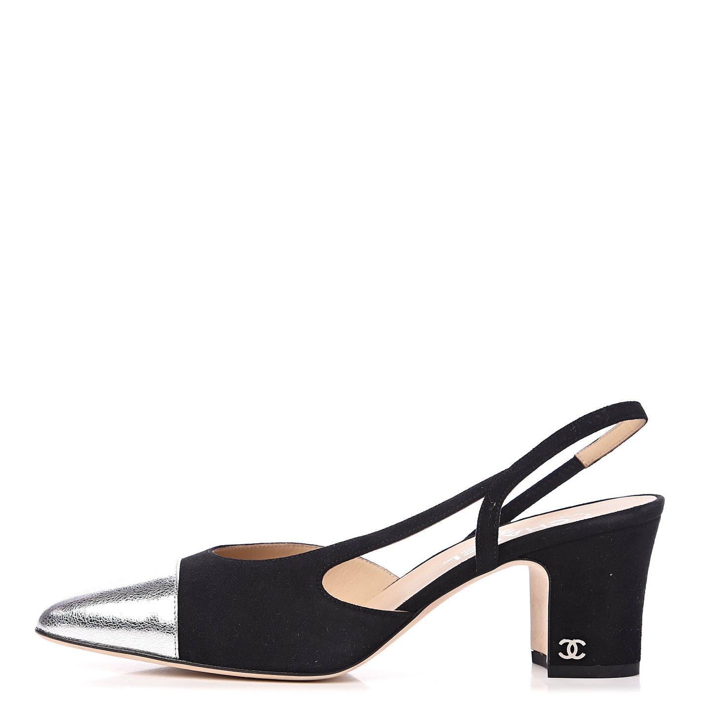 Kid Suede Metallic Lambskin Cap Toe CC Slingback Pumps 40 Black Silver
