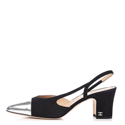Chanel Kid Suede Metallic Lambskin Cap Toe CC Slingback Pumps 40 Black Silver 1 of 10