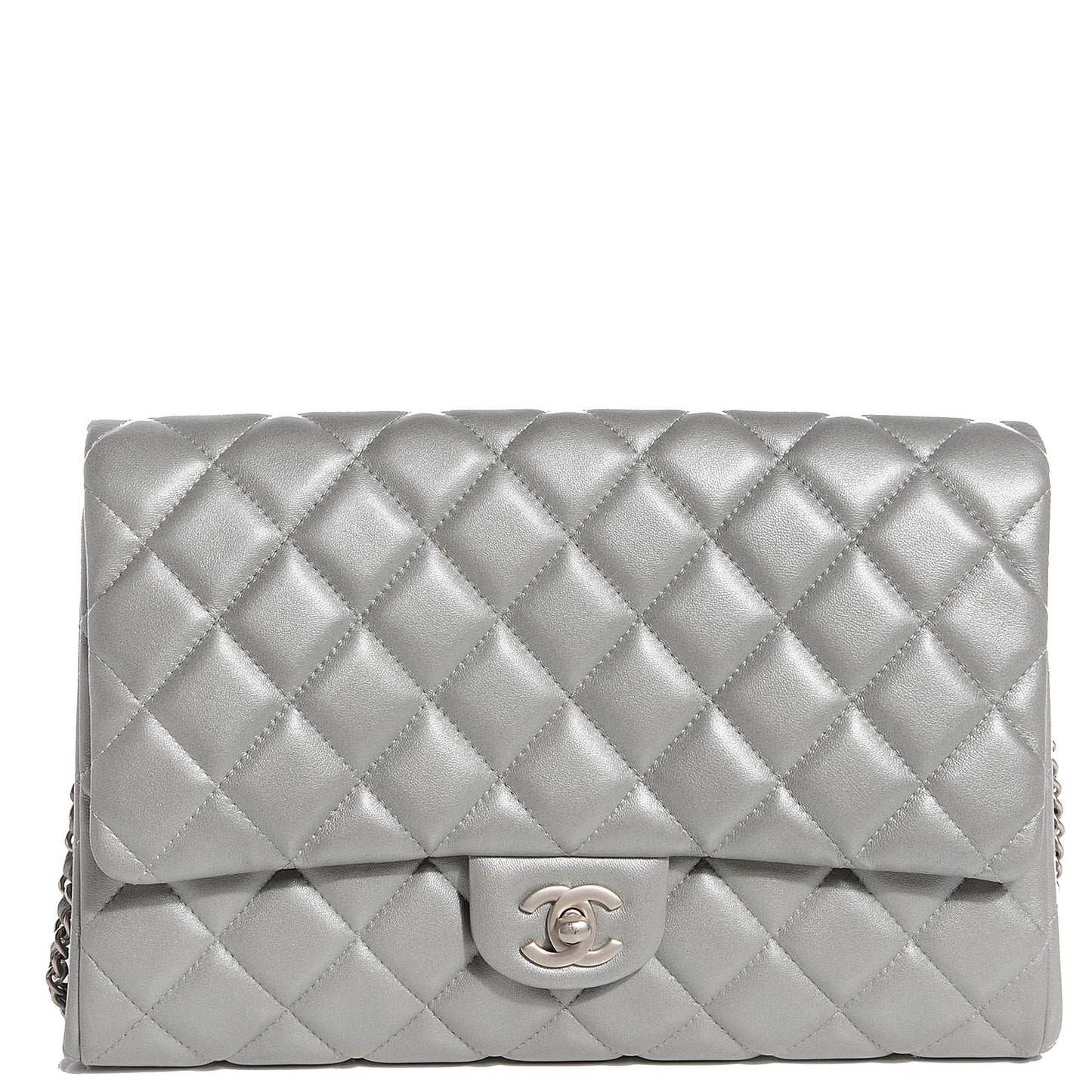 Lambskin Quilted Clutch With Chain Flap Silver