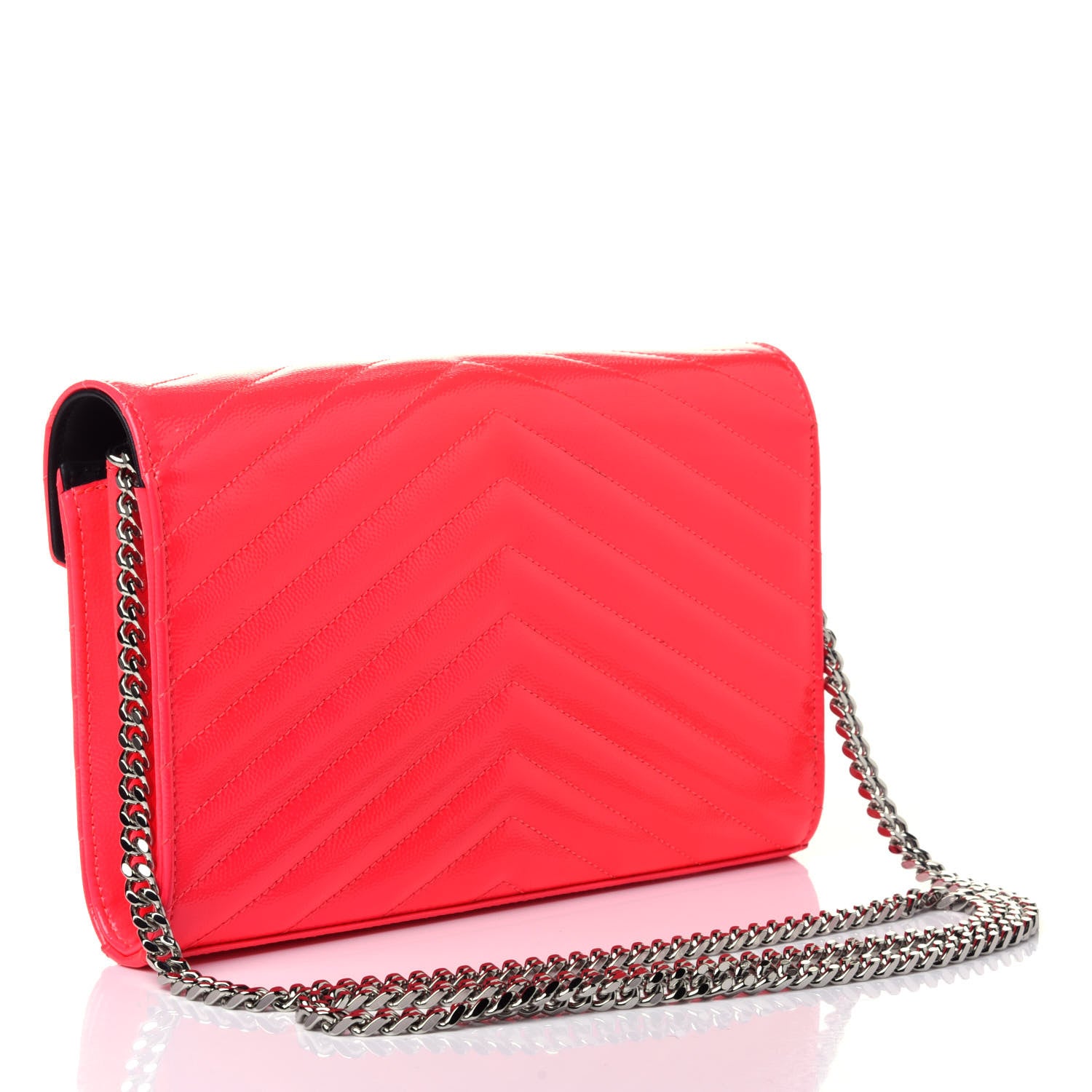 Saint Laurent Patent Grain De Poudre Matelasse Chevron Monogram Chain Wallet Neon Pink 2 of 4