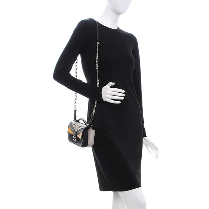 Fendi Calfskin Elaphe Crocodile Monster Studded Micro Double Baguette Black Grigio Polvere 2 of 9