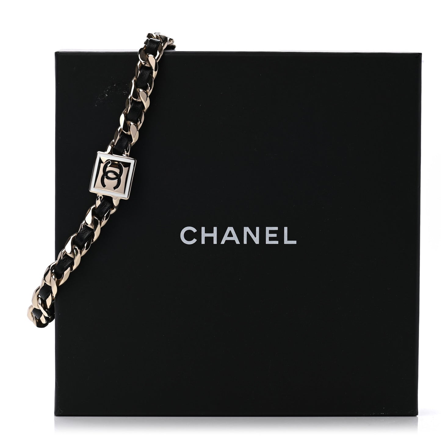 Metal Lambskin CC Square Choker Gold Black White