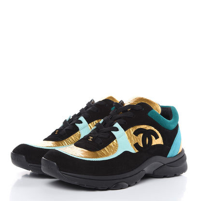 Chanel Fabric Calfskin Suede CC Womens Sneakers 38.5 Black Turquoise Gold 3 of 7