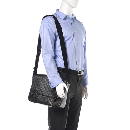 Gucci Guccissima Signature Medium Double Buckle Flap Messenger Bag Black 2 of 26