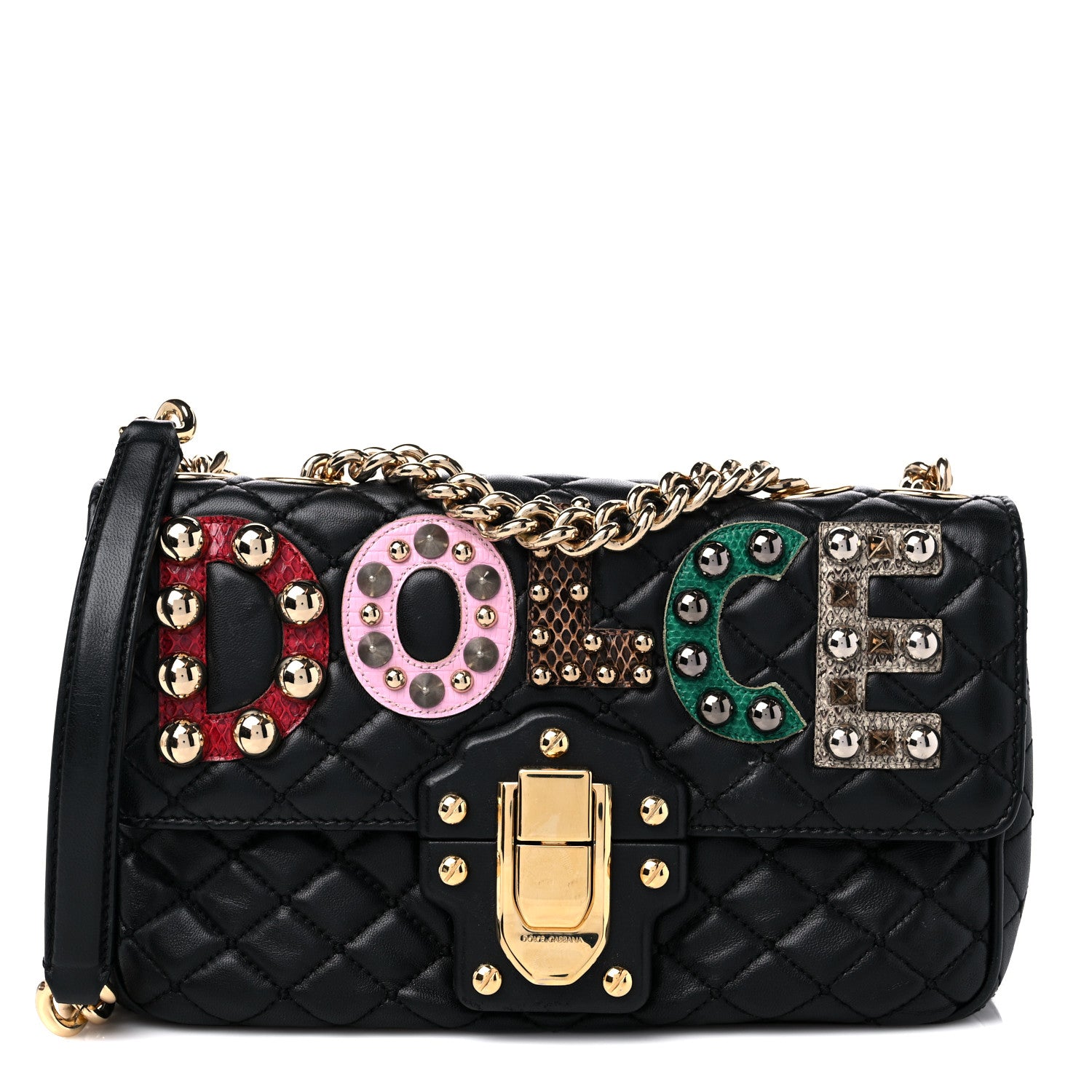 Dolce & Gabbana Lambskin Watersnake Embellished Lucia Shoulder Bag Black 1 of 11