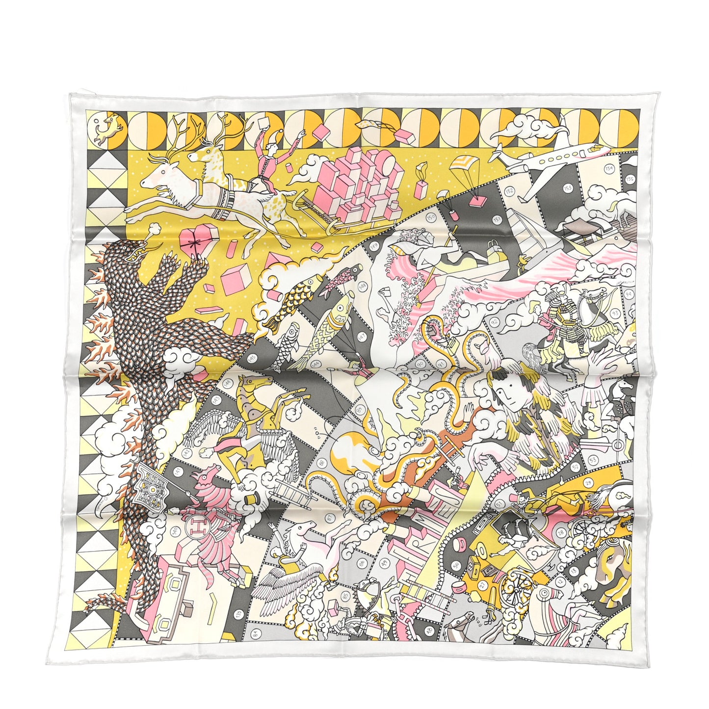 Silk L'Epopee D'Hermes Detail Scarf 70 Gris Jaune Rose