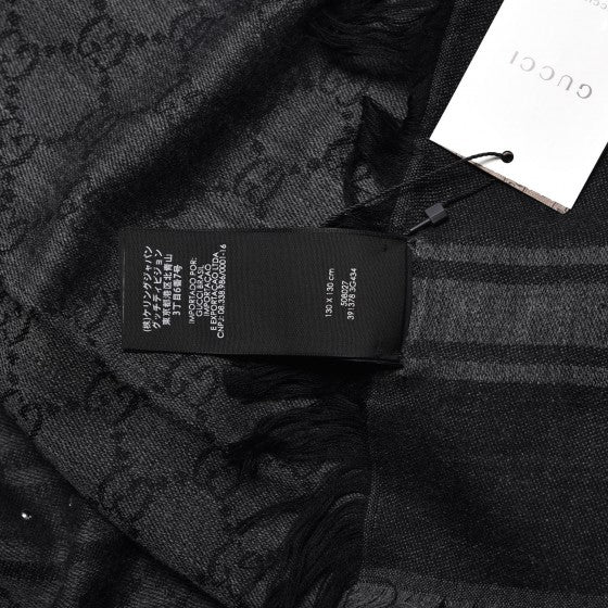 Wool Silk Monogram Diamanti Studded Fringe Square Scarf Anthracite