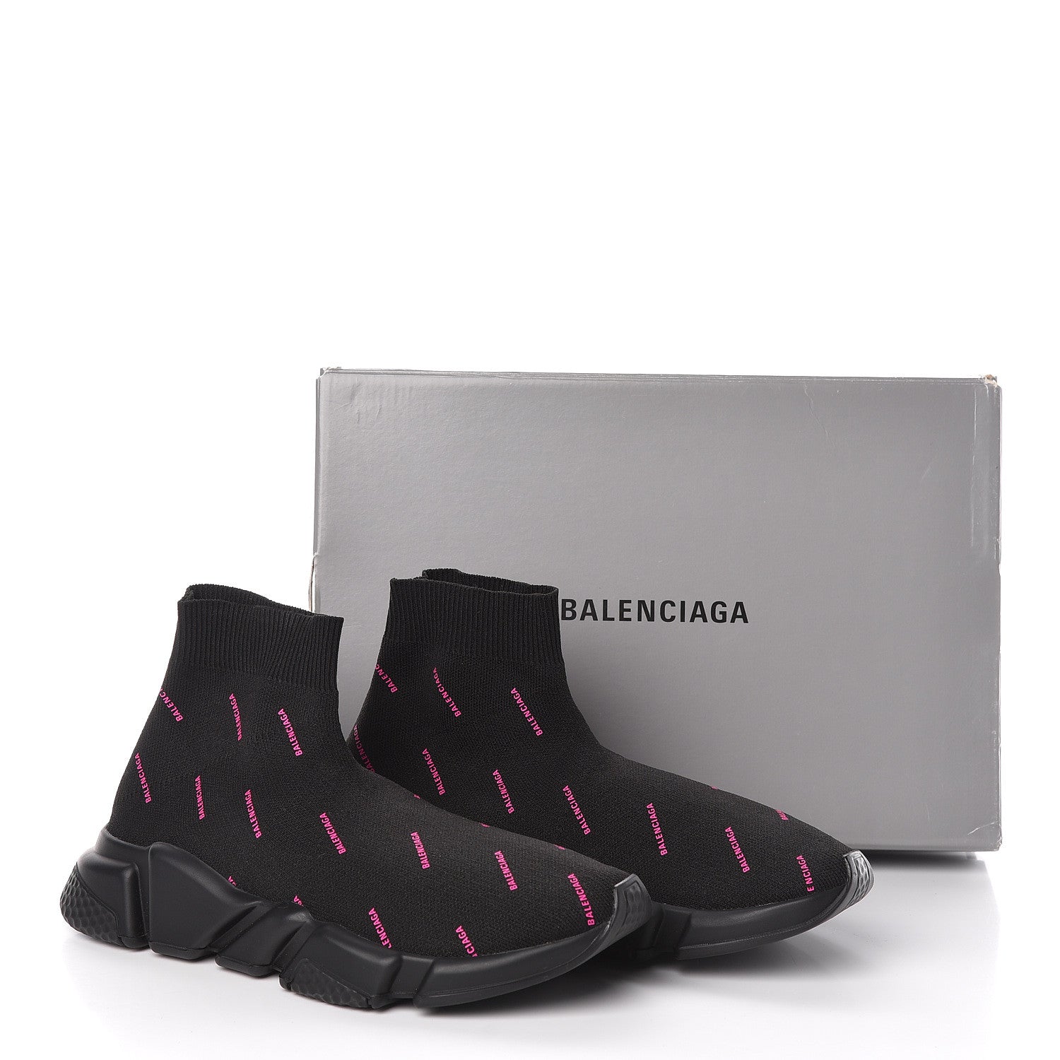 Balenciaga Neoprene Knit Allover Logo Womens Speed Sneakers 39 Black Fuchsia 8 of 8