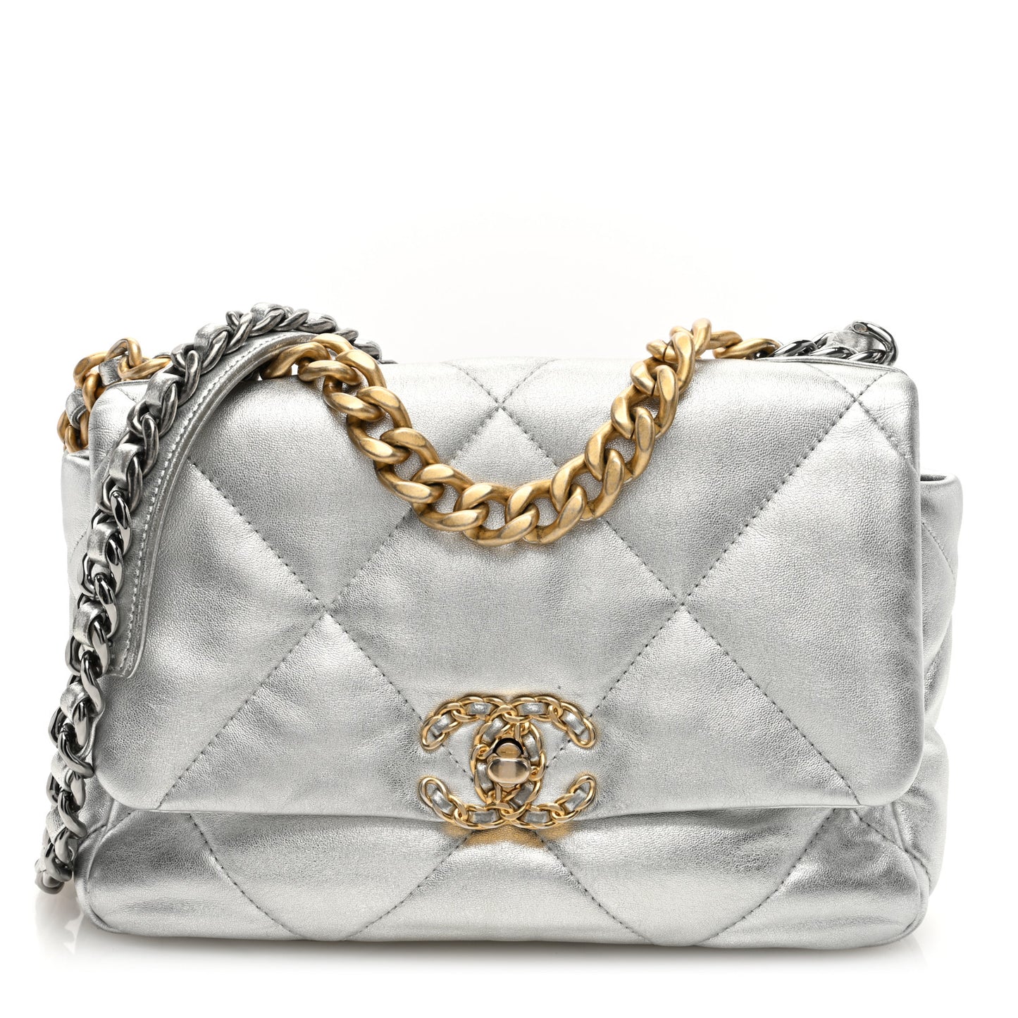 Metallic Lambskin Quilted Medium Chanel 19 Flap Silver