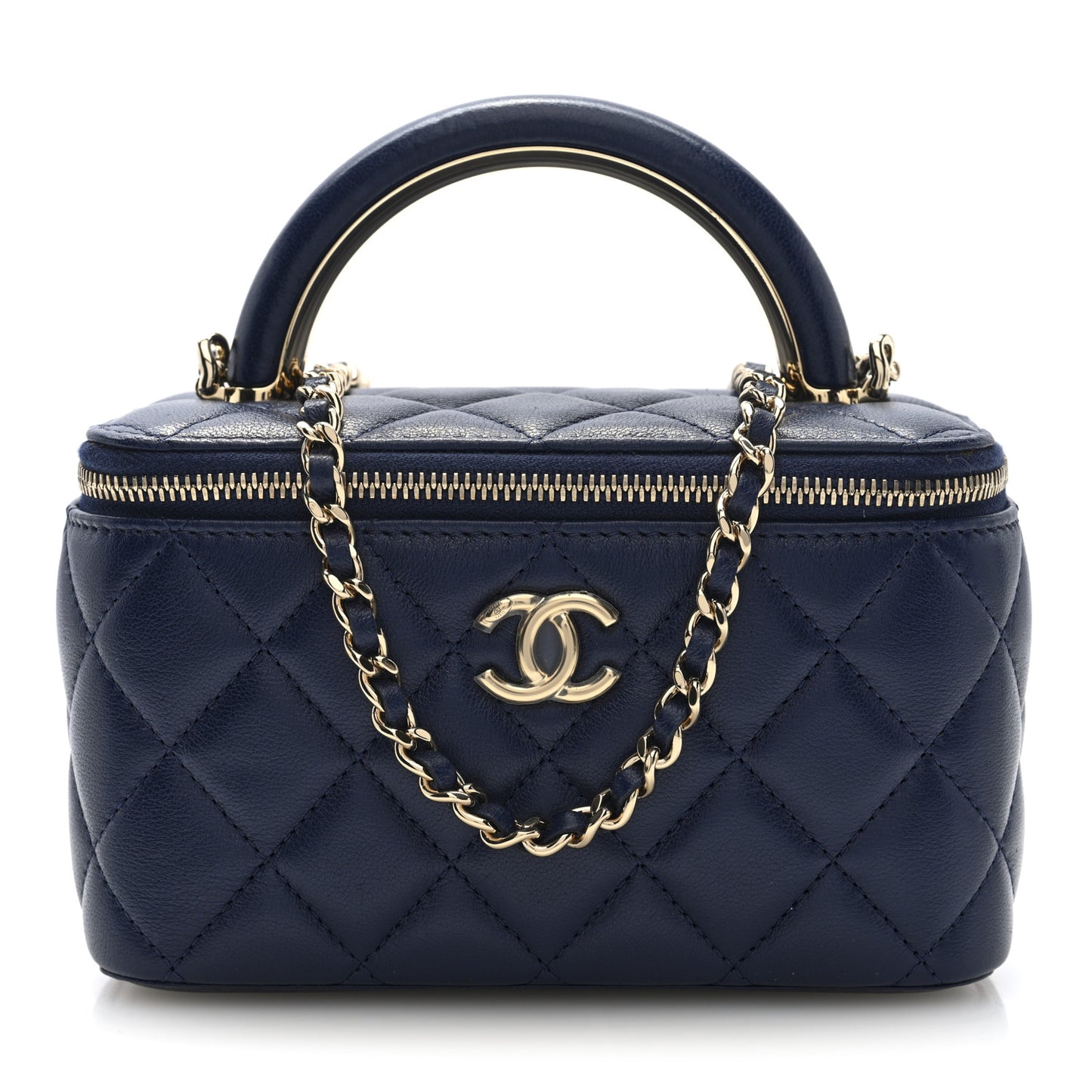 Lambskin Quilted Small Charming Top Handle Vanity Case With Chain Navy Blue