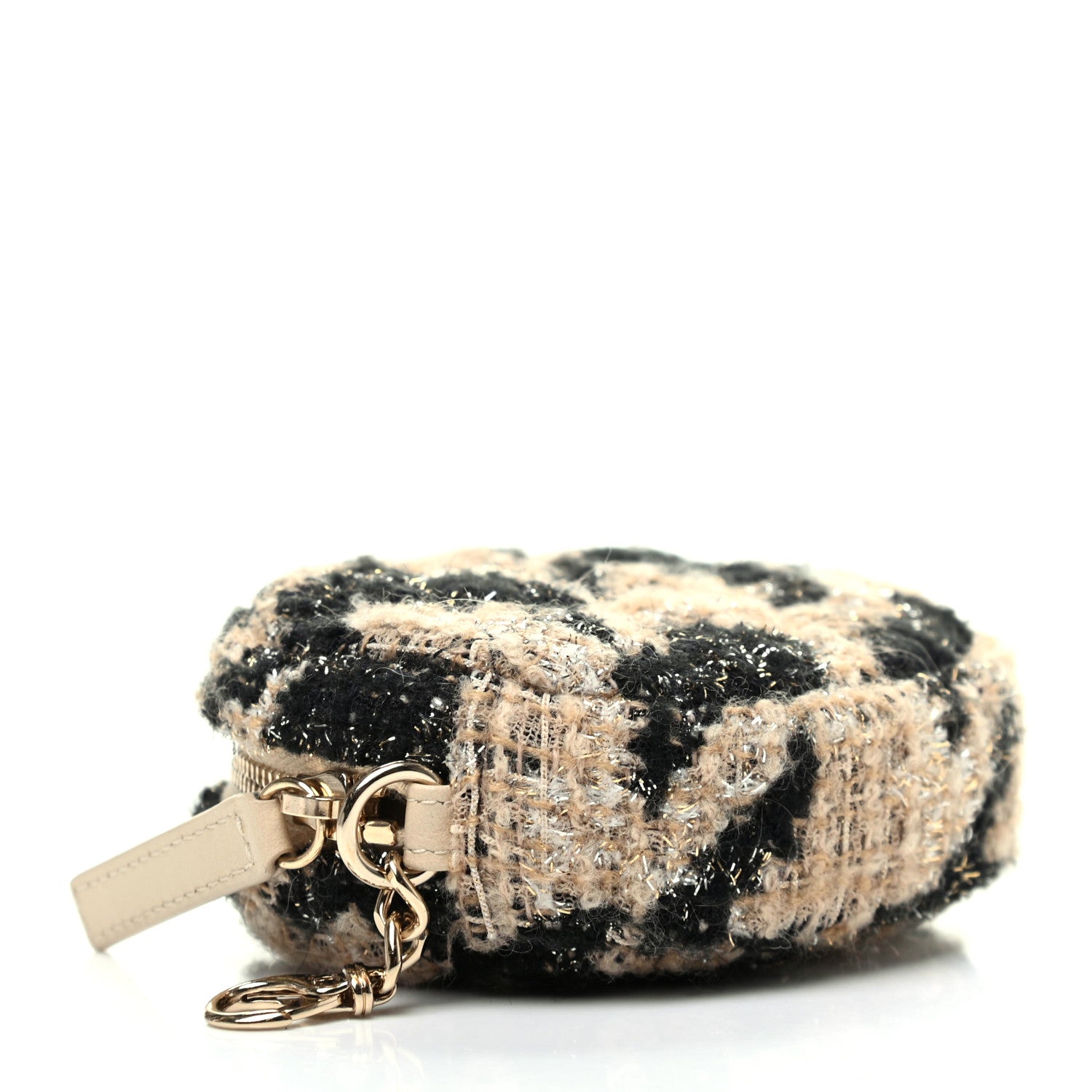 Chanel Wool Tweed Quilted Round Clip On Coin Purse Beige Black 4 of 6