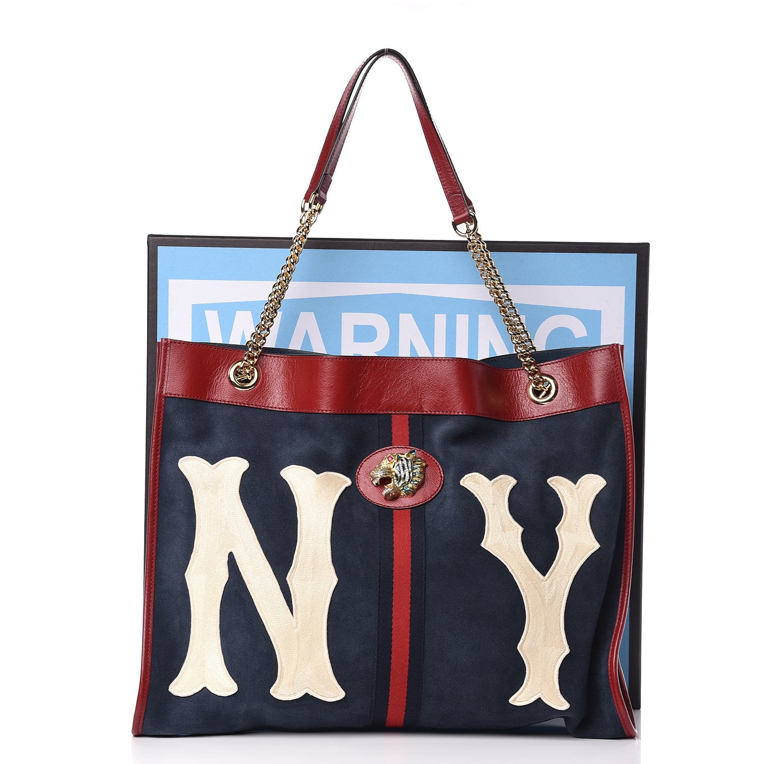 Gucci X MLB Suede Calfskin NY Yankees Large Rajah Chain Tote New Blue Romantic Cherry 13 of 13