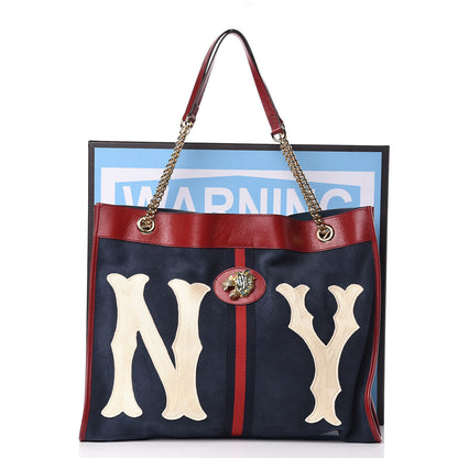 Gucci X MLB Suede Calfskin NY Yankees Large Rajah Chain Tote New Blue Romantic Cherry 13 of 13