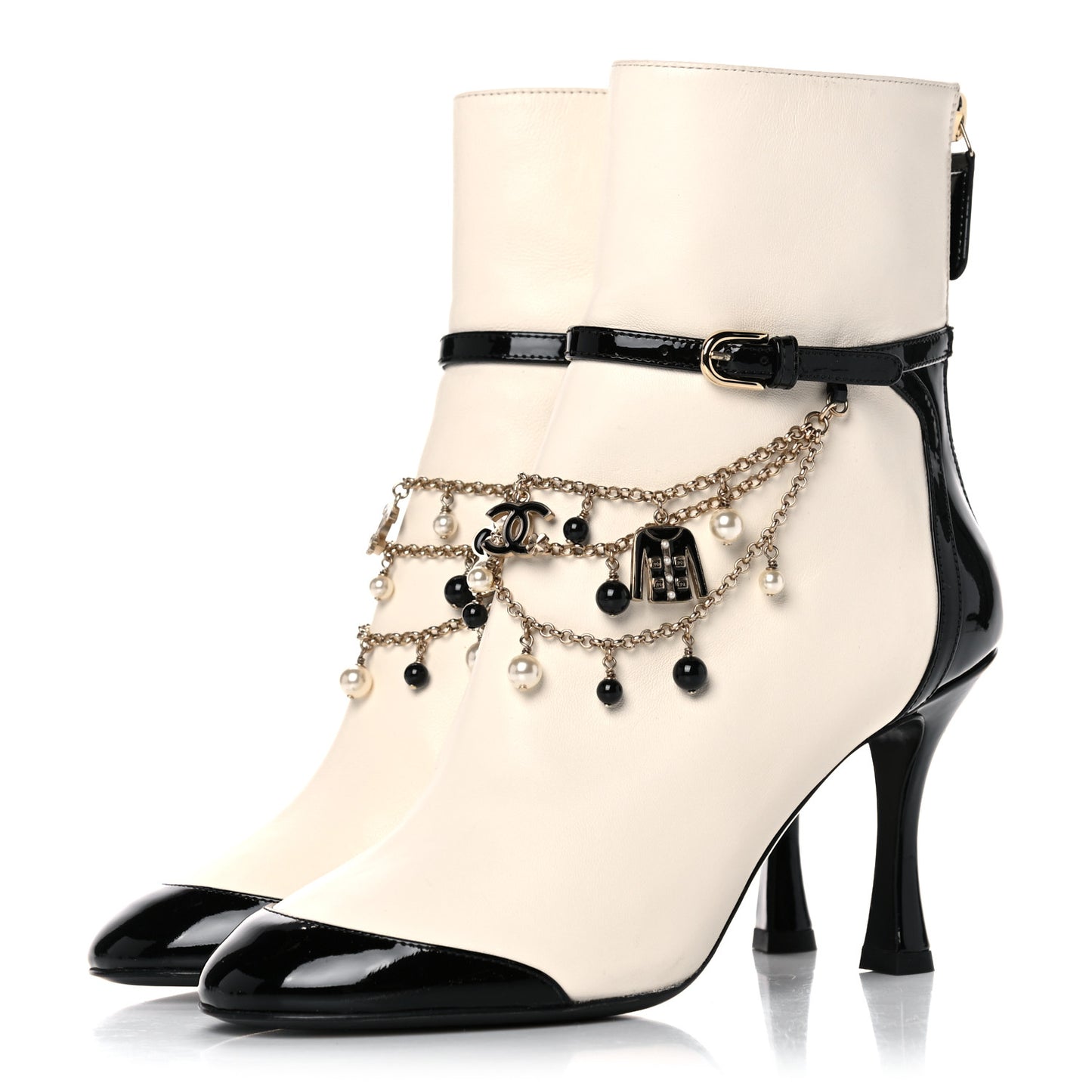 Lambskin Patent Calfskin Charms Ankle Boots 35.5 Ivory Black