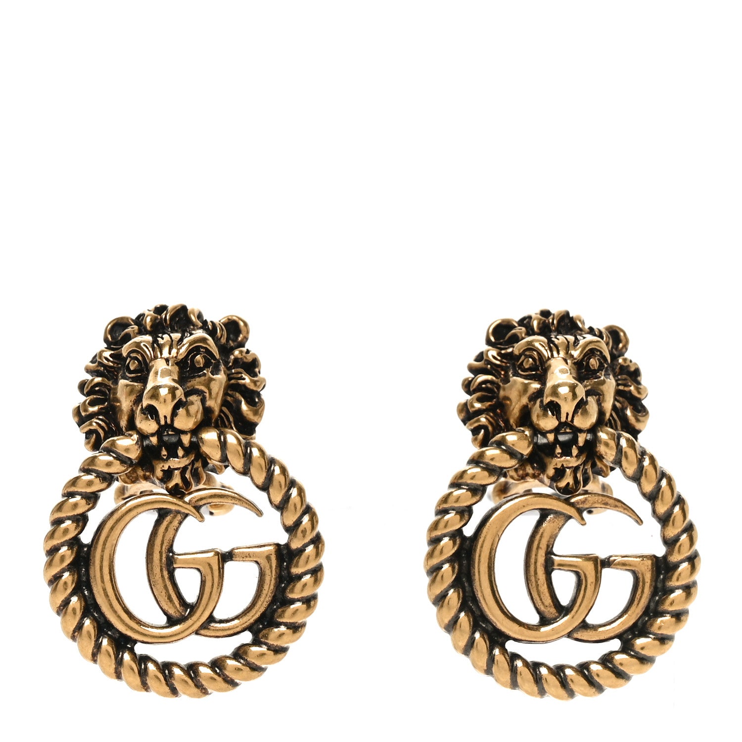 Gucci Metal Double G Lion Head Clip On Earrings Aged Gold 1 of 4