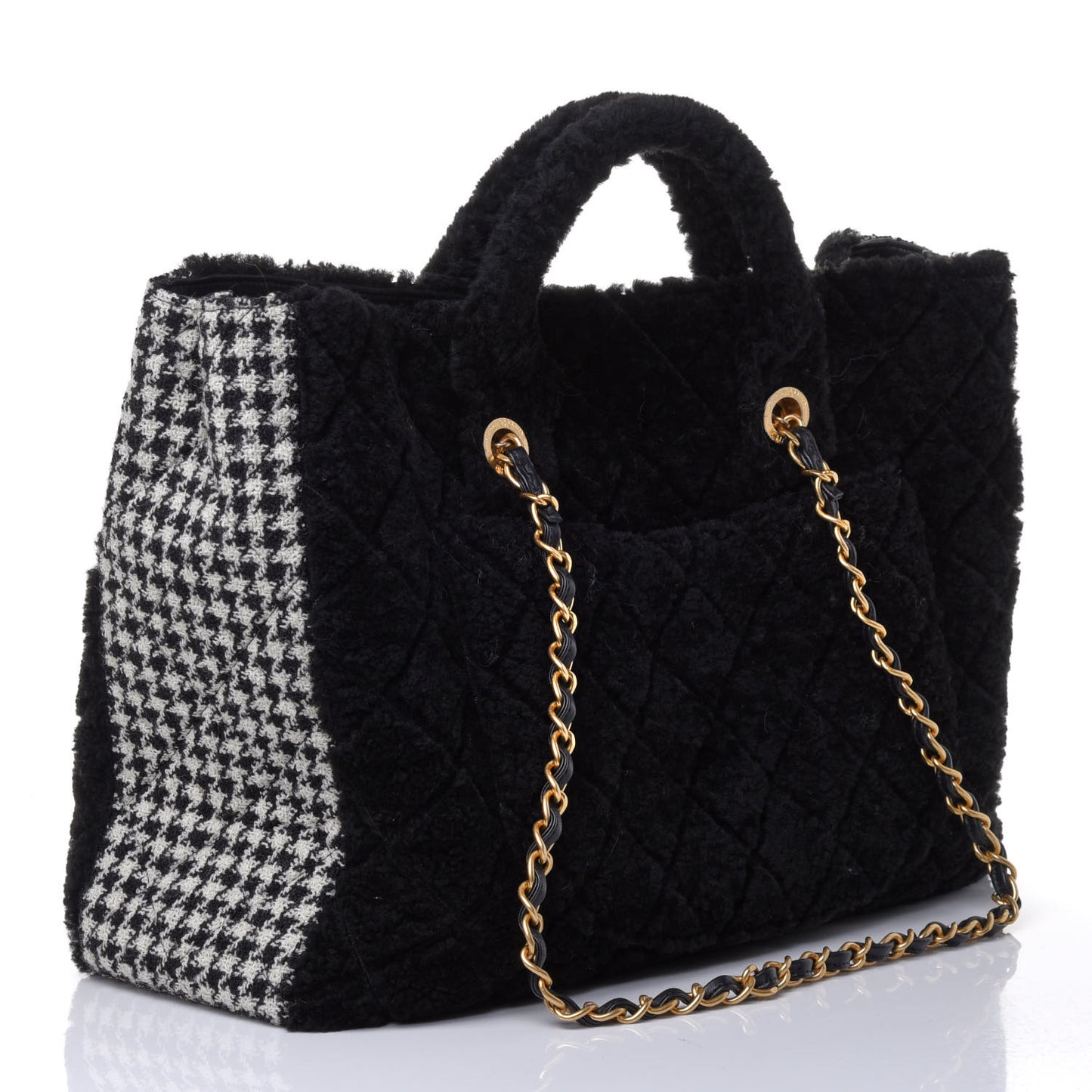 Shearling Tweed Shopper Tote Black