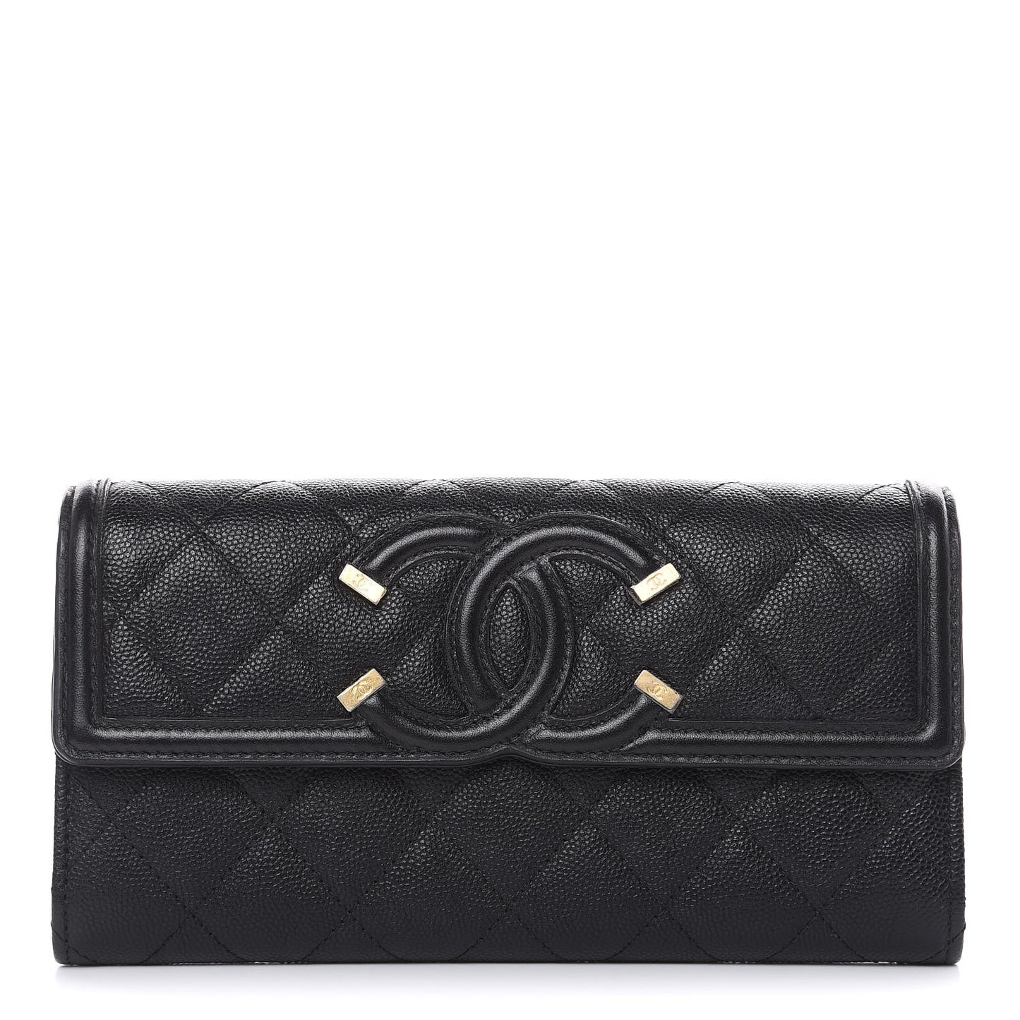 Caviar Quilted Filigree Large Gusset Flap Wallet Black