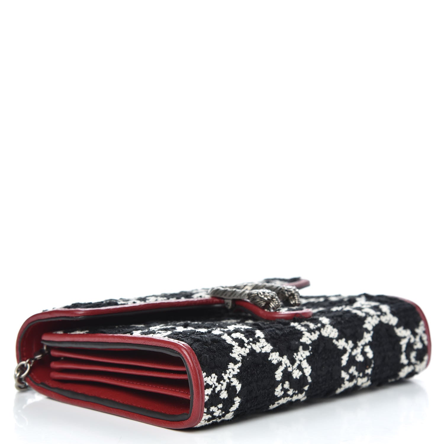 Gucci Tweed GG Monogram Mini Dionysus Chain Wallet Black White Romantic Cherry 4 of 10