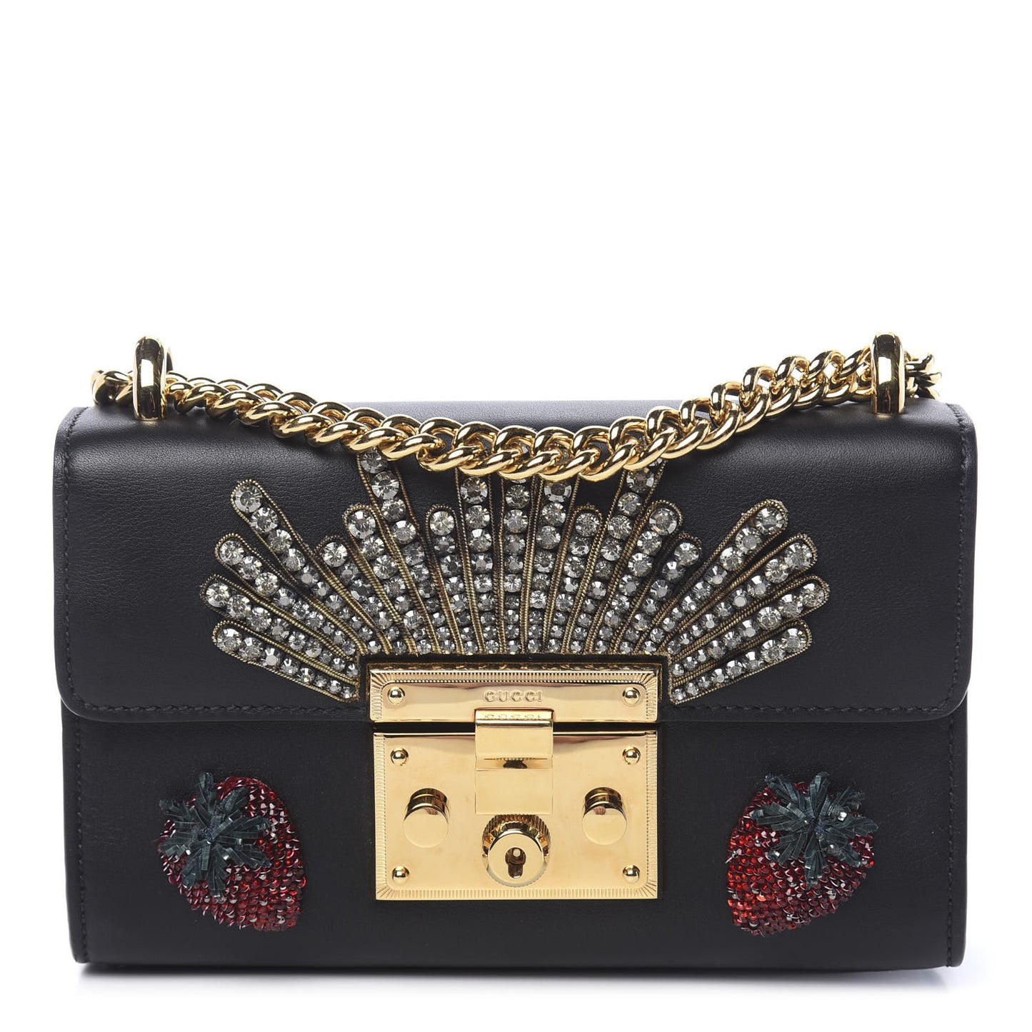 Calfskin Strawberry Embroidered Small Padlock Shoulder Bag Black