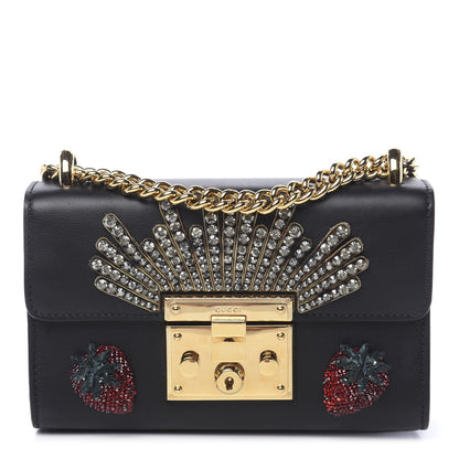 Gucci Calfskin Strawberry Embroidered Small Padlock Shoulder Bag Black 1 of 11
