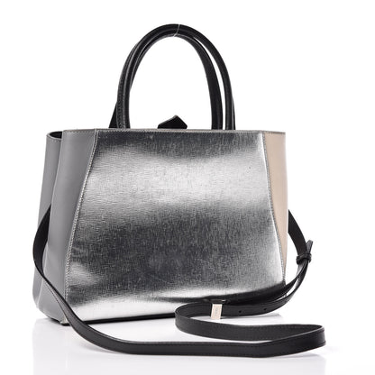 Fendi Vitello Elite Calfskin Colorblock Petite 2Jours Tote Black Multicolor White Argento 3 of 11