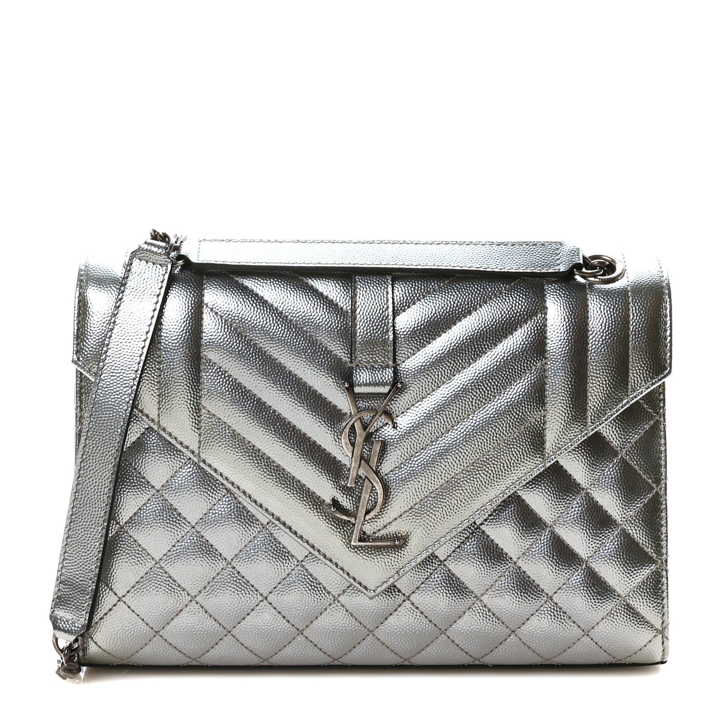 Metallic Grain De Poudre Textured Mixed Matelasse Triquilt Medium Monogram Satchel Silver