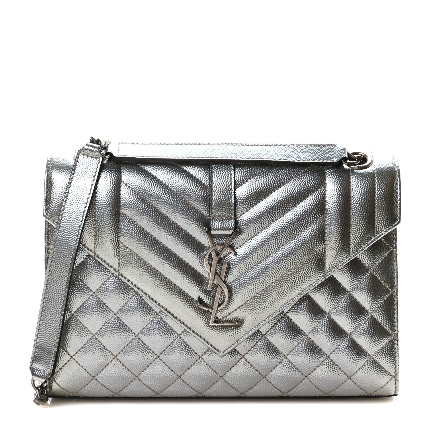 Saint Laurent Metallic Grain De Poudre Textured Mixed Matelasse Triquilt Medium Monogram Satchel Silver 1 of 9