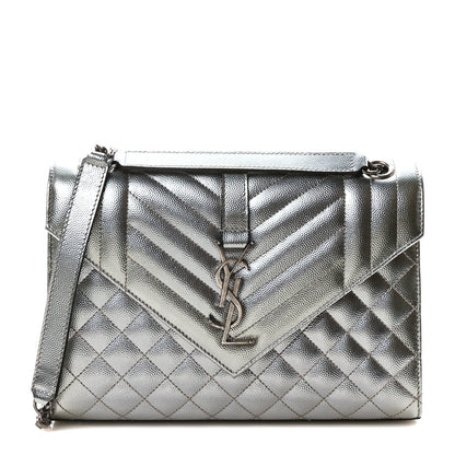 Saint Laurent Metallic Grain De Poudre Textured Mixed Matelasse Triquilt Medium Monogram Satchel Silver 1 of 9