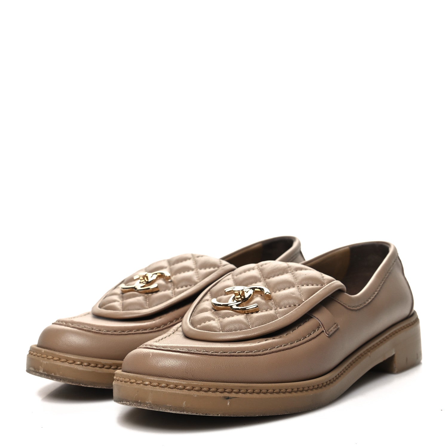 Chanel Lambskin Quilted CC Turnlock Loafers 38.5 Beige 3 of 9