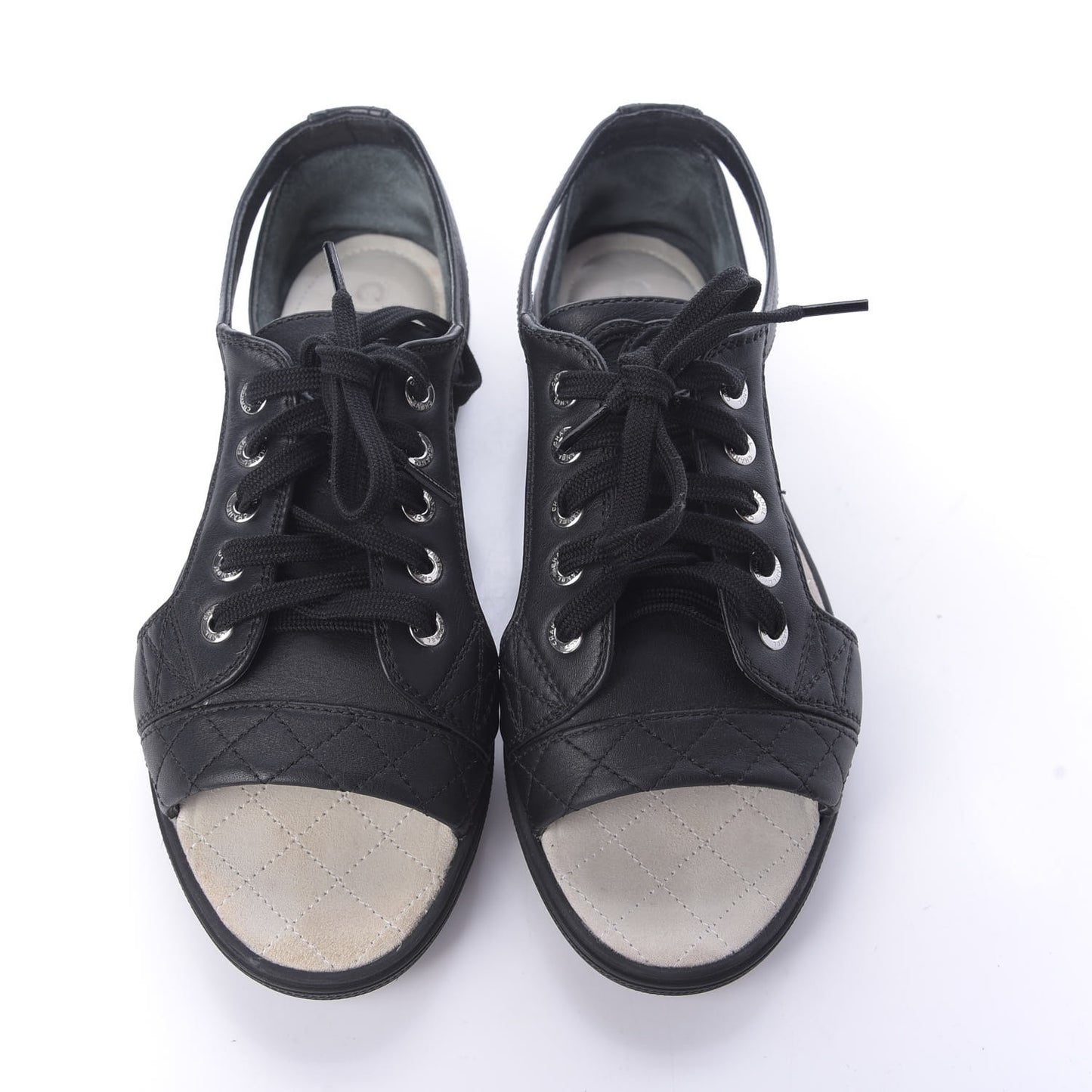 Lambskin Quilted Peep Toe Lace Up 35 Black White