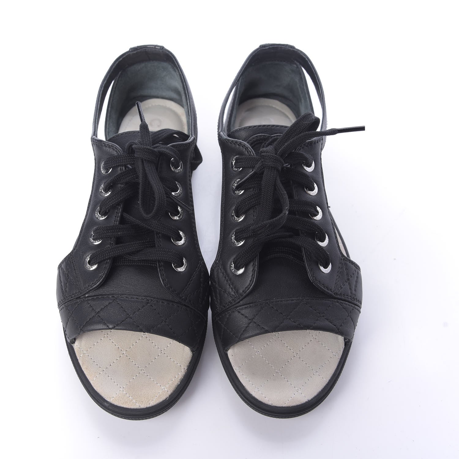 Chanel Lambskin Quilted Peep Toe Lace Up 35 Black White 5 of 12