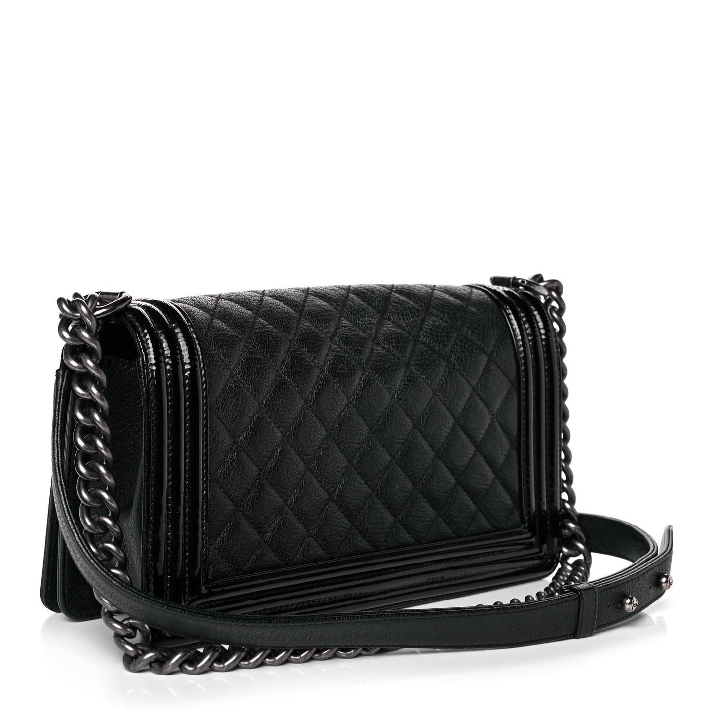Goatskin Quilted Patent Medium Duo Boy Flap Black