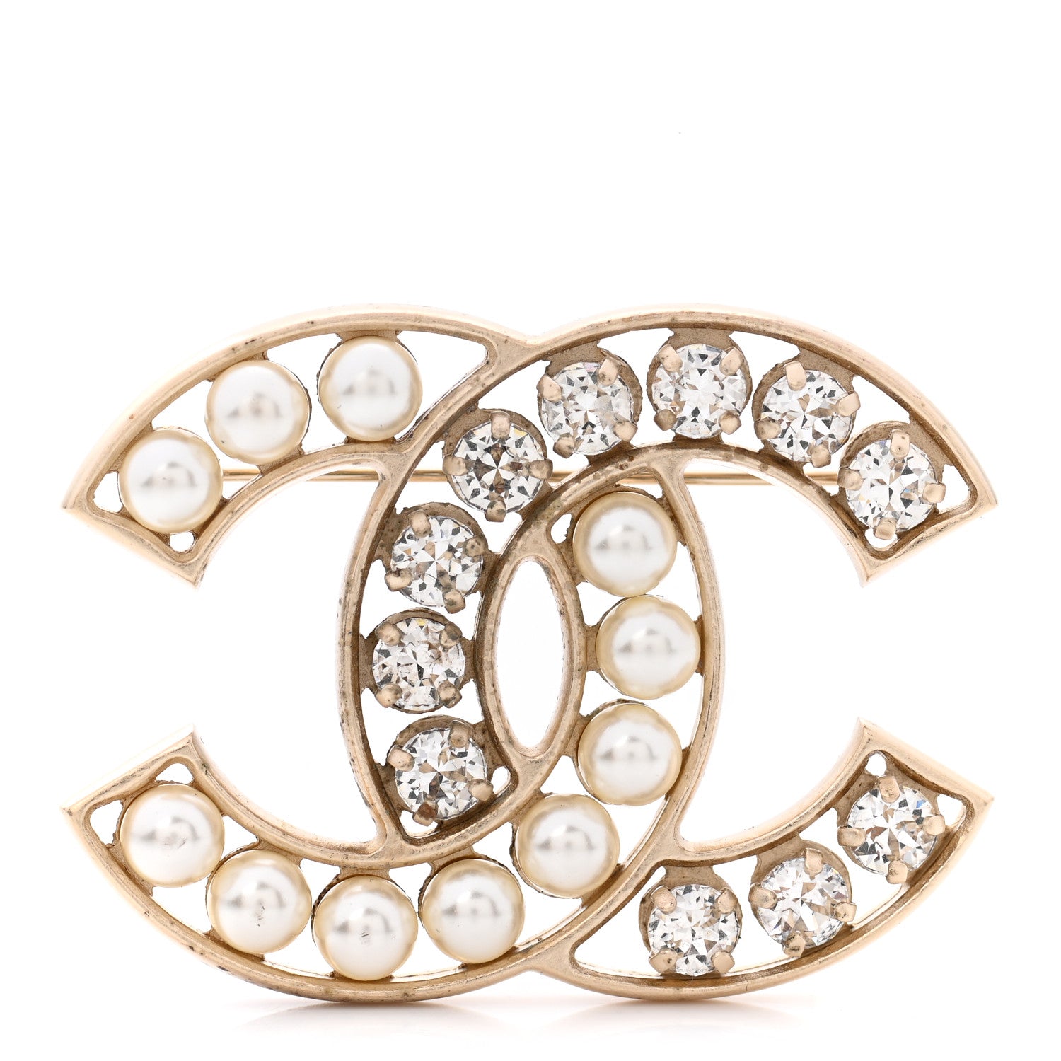 Chanel Pearl Crystal CC Brooch Gold Pearly White 1 of 6