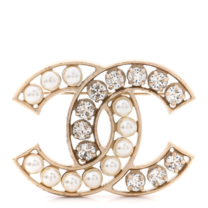 Chanel Pearl Crystal CC Brooch Gold Pearly White 1 of 6