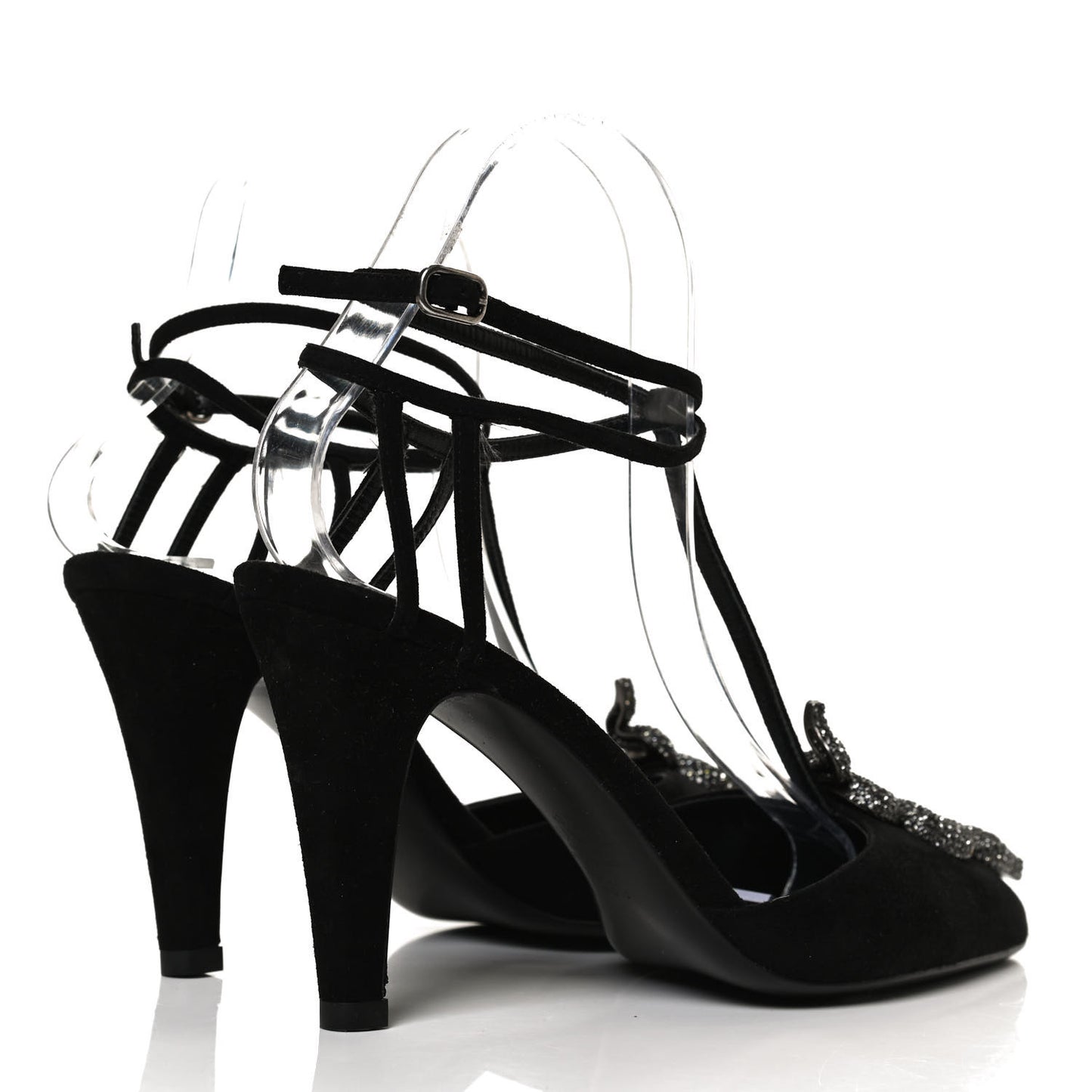 Suede Crystal Snake Embellished Ankle Strap Pumps 36.5 Black