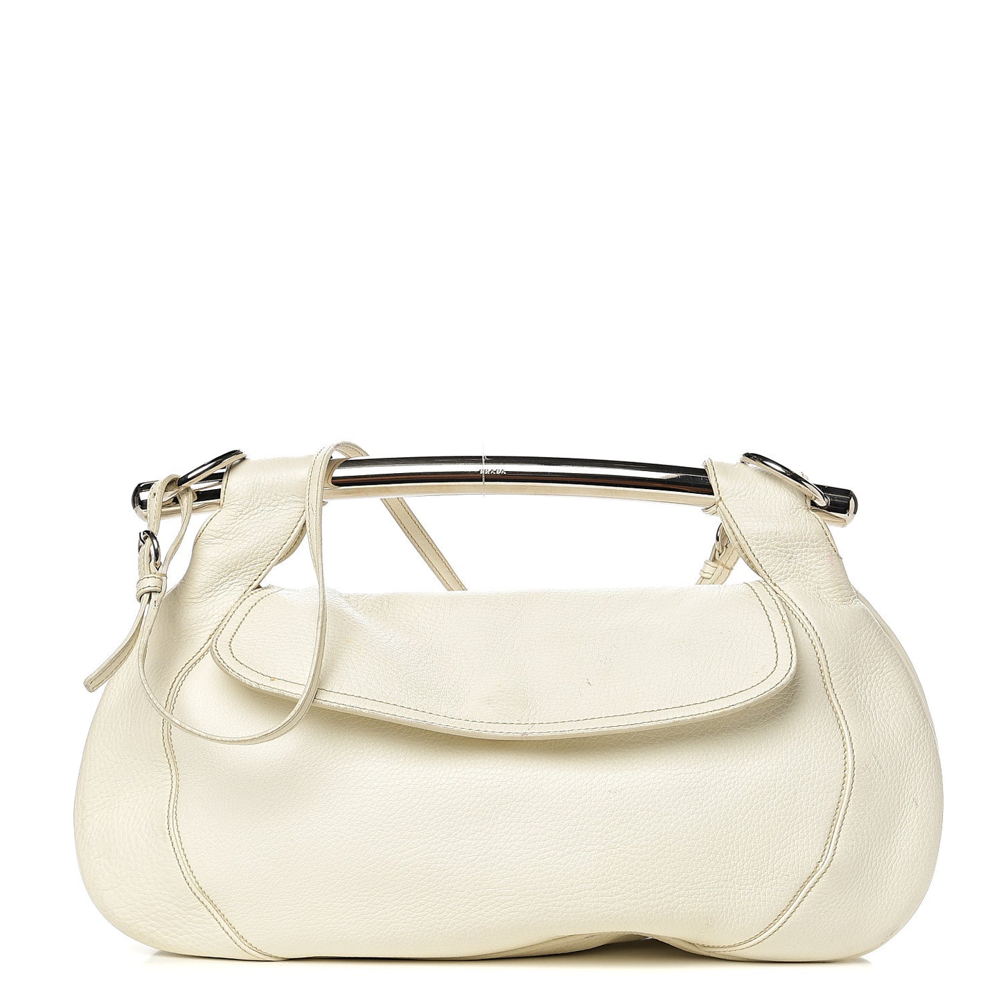 Vitello Daino Metal Bar Top Handle Shoulder Bag White