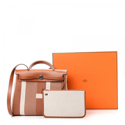 Hermes Vache Hunter Toile H Vibration Herbag Zip Retourne 31 PM Fauve Ecru Beige 8 of 8