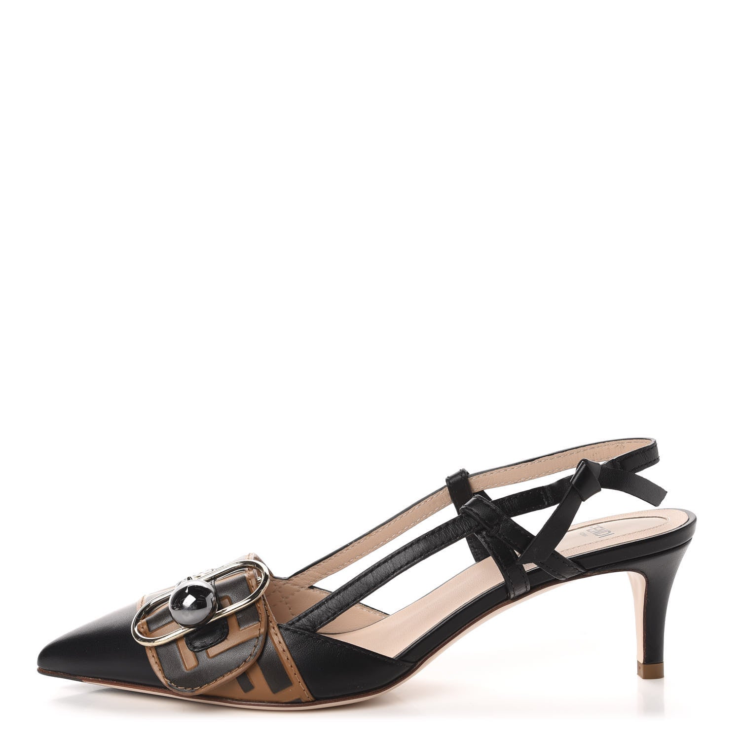 Fendi Vitello FF Embossed Pearland Decollete Aperta Slingback Pumps 36 Black Tobacco Moro 1 of 9