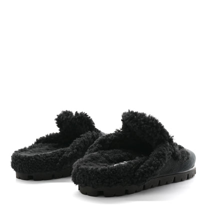 Prada Shearling Metal Triangle Logo 20mm Slippers 37 Black 4 of 8