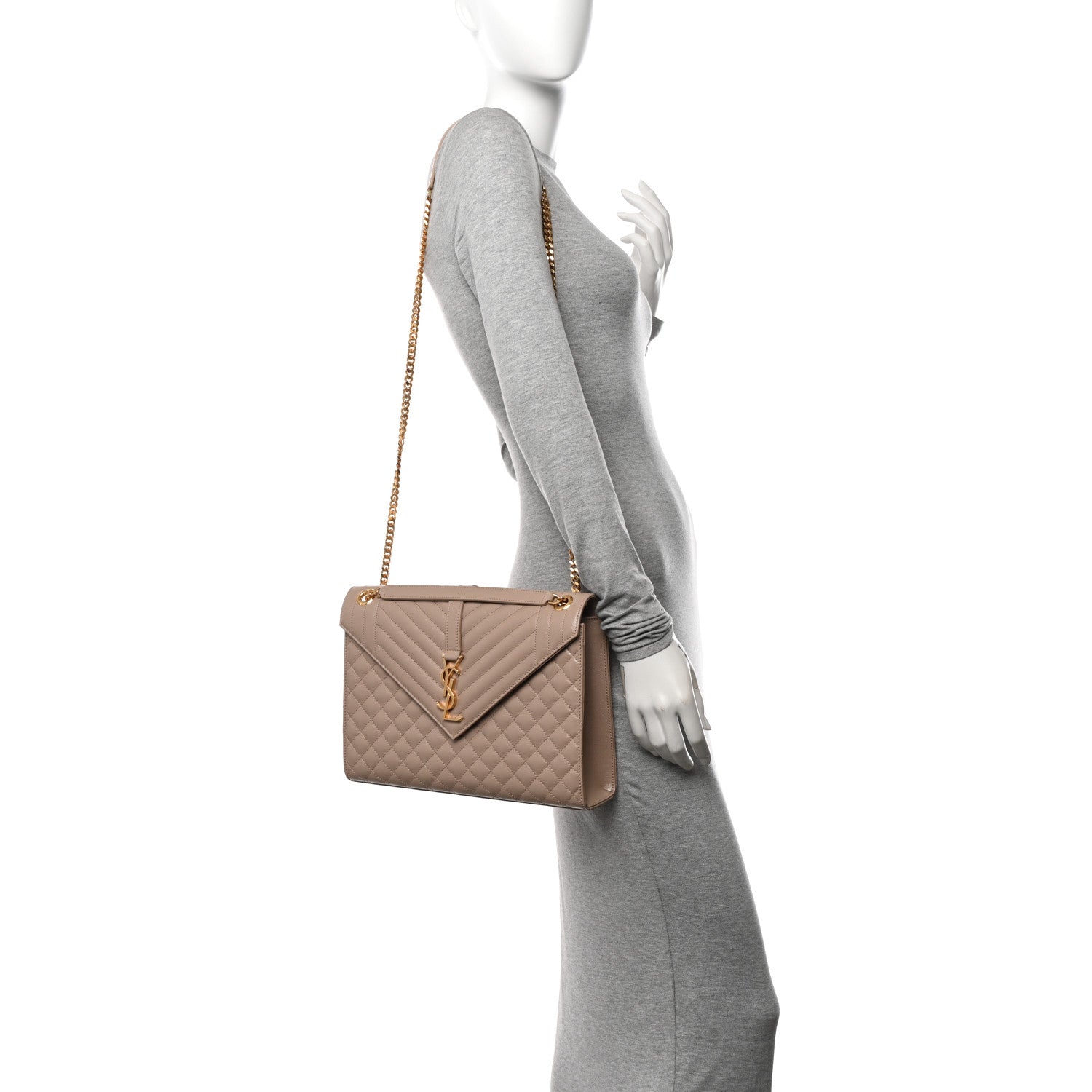 Saint Laurent Grain De Poudre Mixed Matelasse Large Triquilt Monogram Satchel Dark Beige 2 of 13