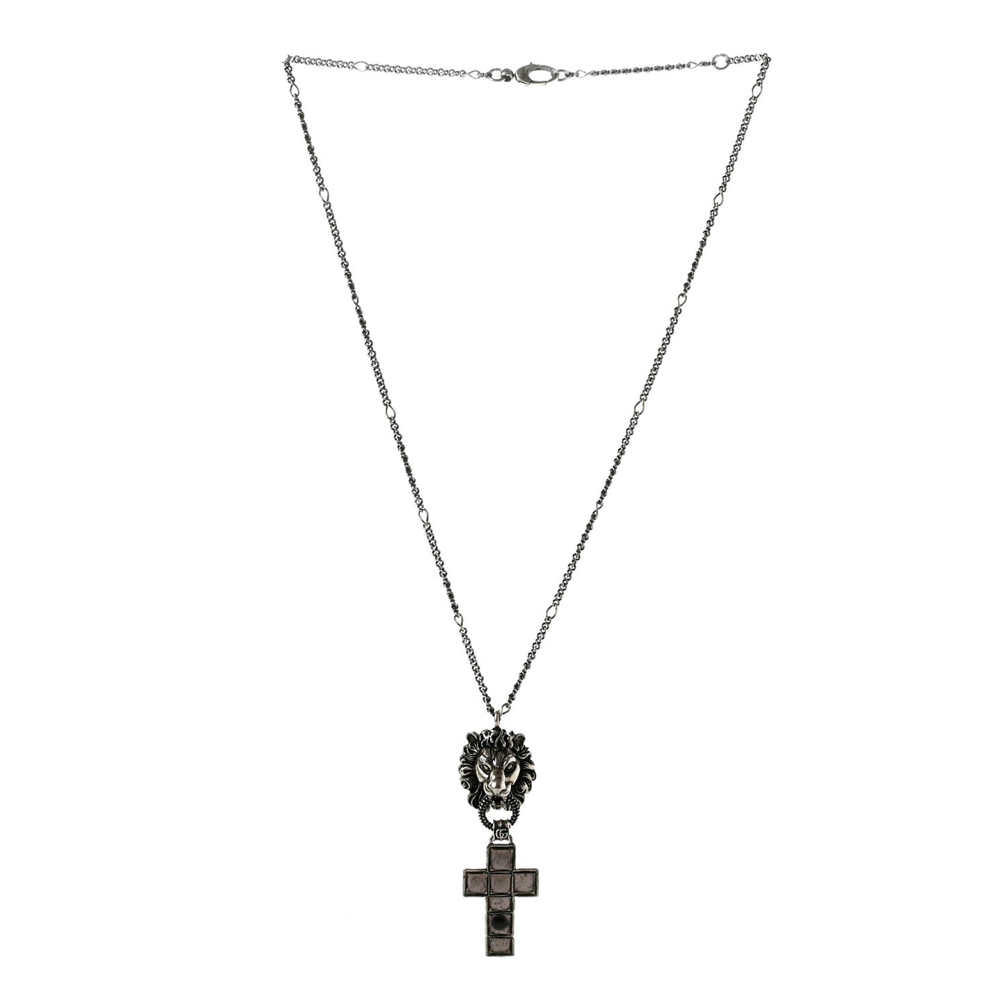 Enamel Brass Lion Head Crucifix Necklace Black