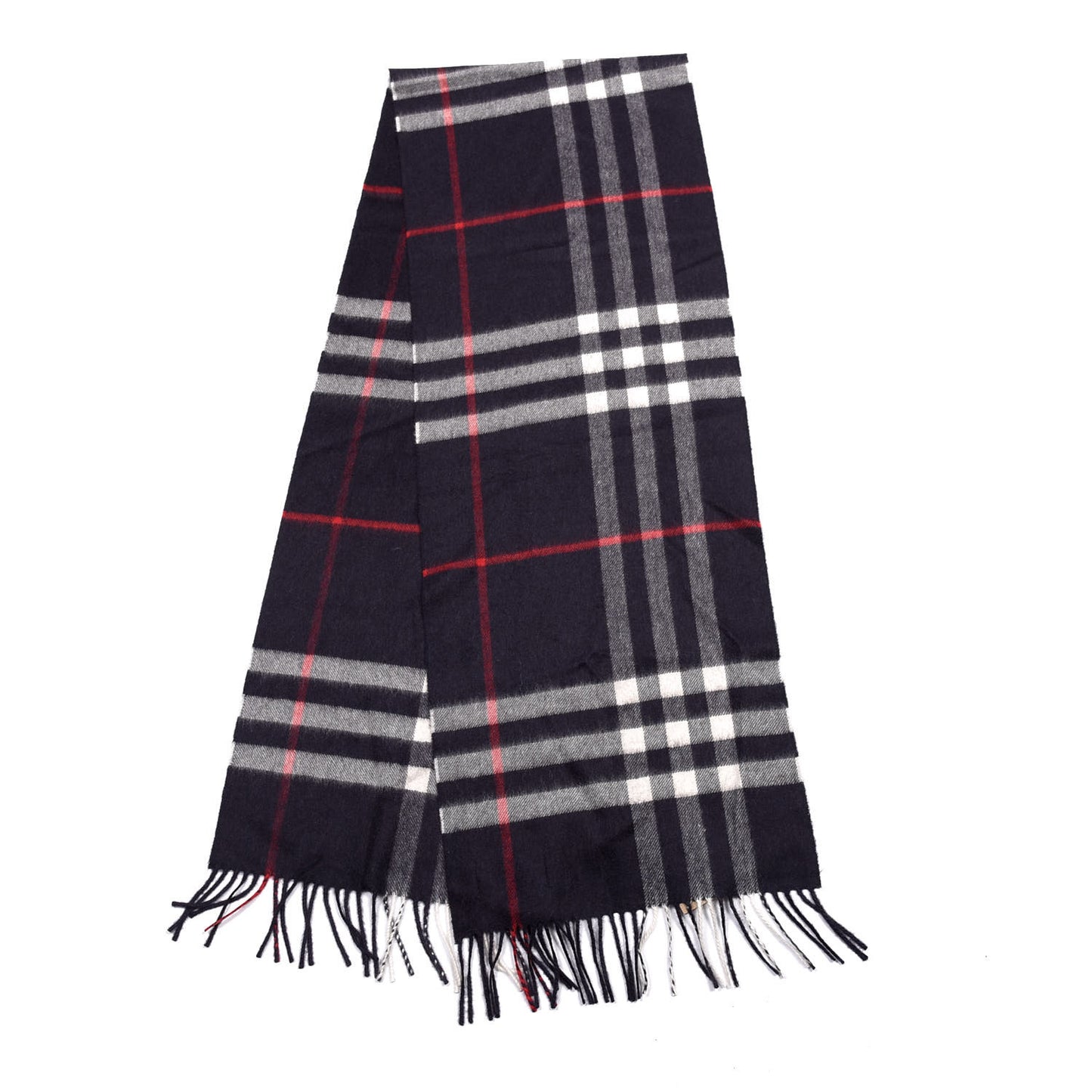 Cashmere Giant Check Fringe Scarf Navy
