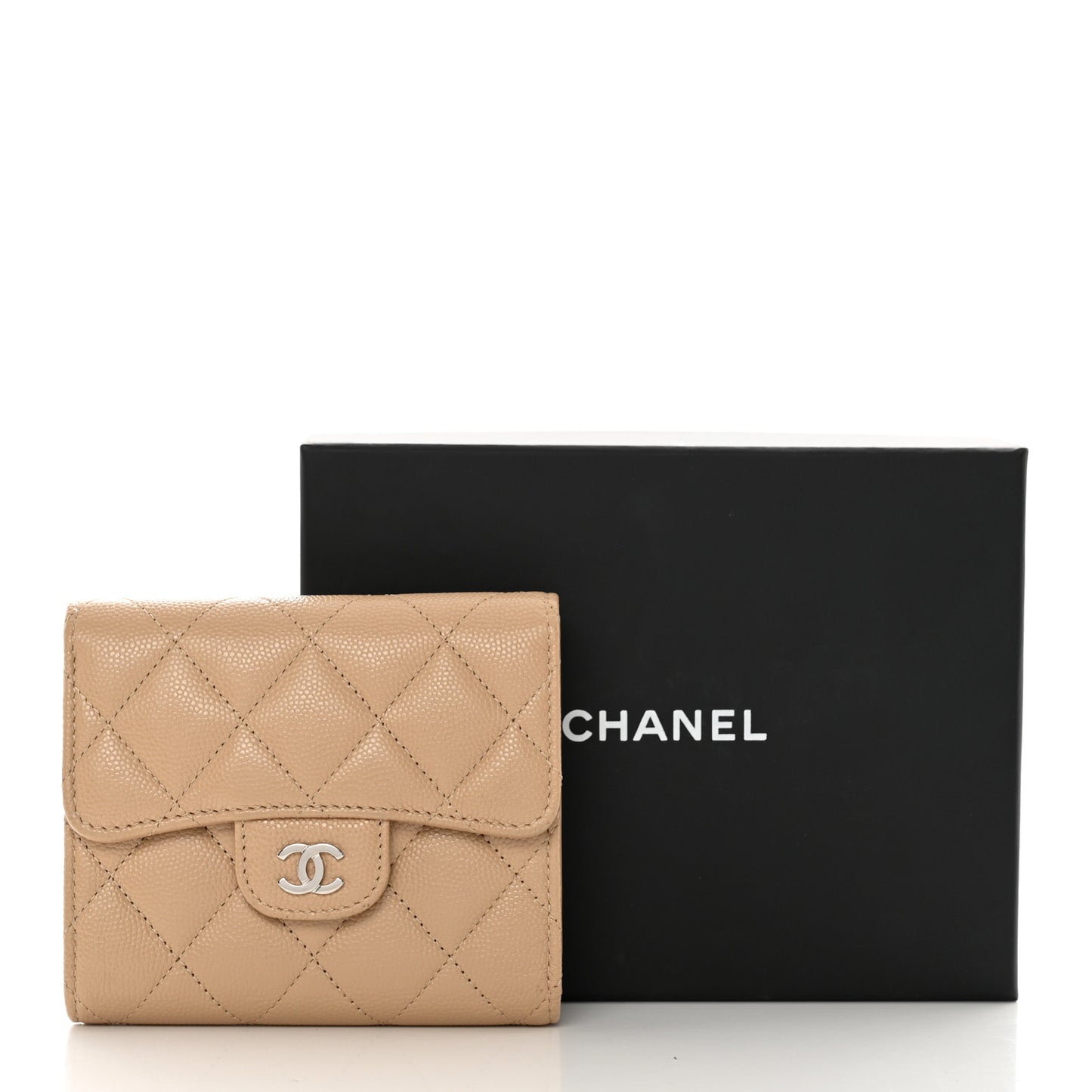 Caviar Quilted Compact Flap Wallet Beige