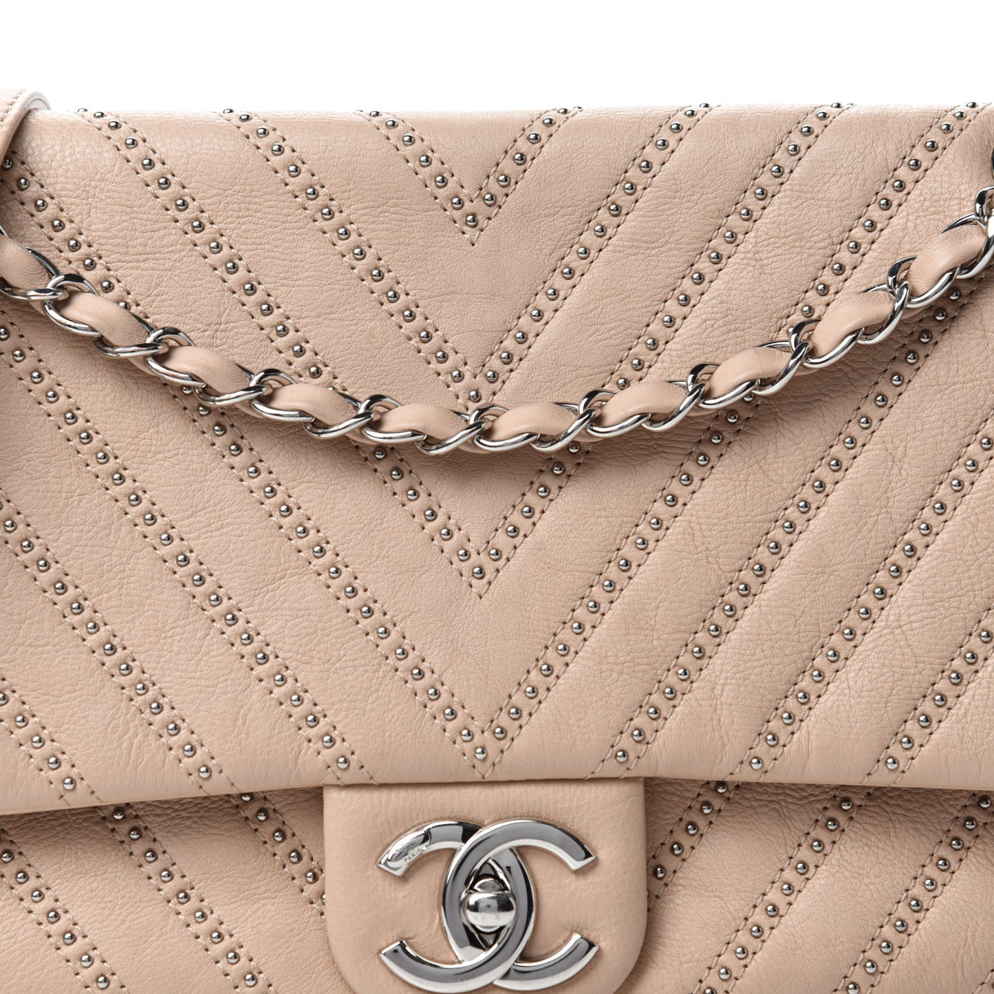 Calfskin Studded Chevron Quilted Medium Wars Flap Beige