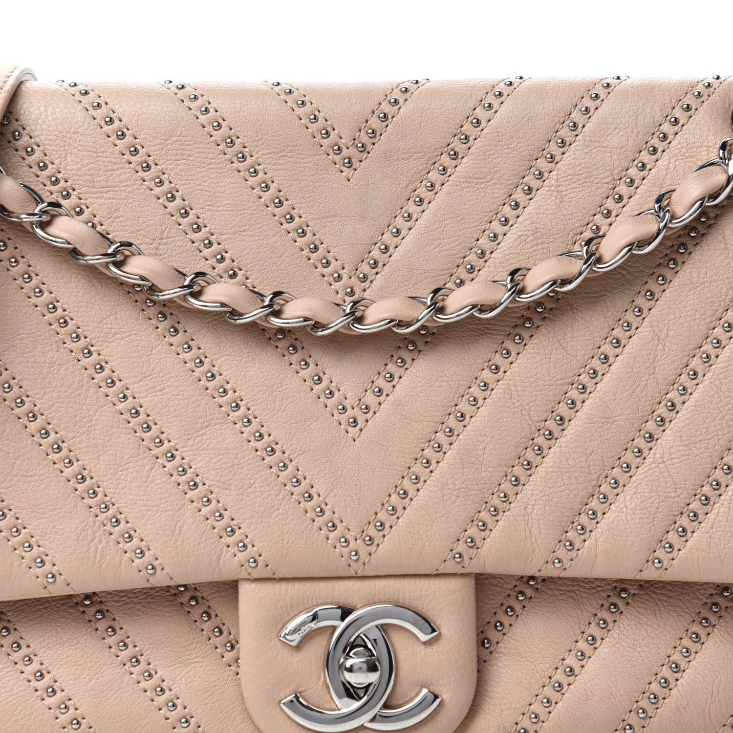 Chanel Calfskin Studded Chevron Quilted Medium Wars Flap Beige 11 of 12